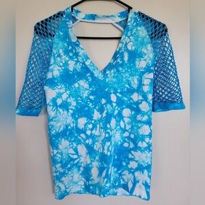 Venus Women's Blue Tie Dye V-neck Mesh Sleeve Open Back Top Size Medium